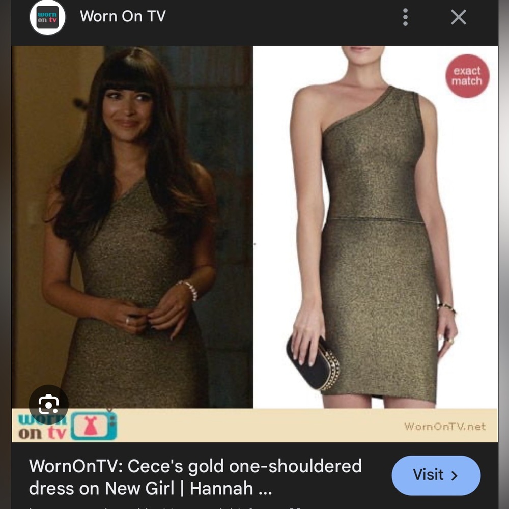 BCBG MAXAZARIA Gold One-Shoulder metallic Dress Cece wore on New Girl!